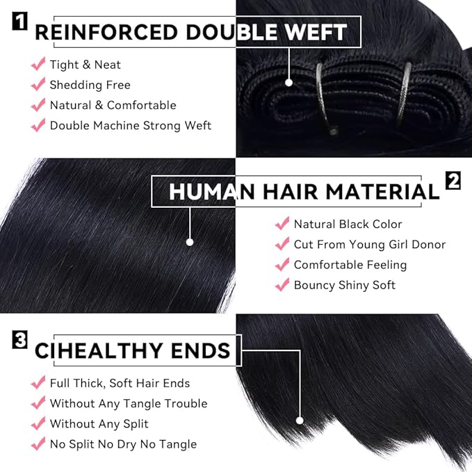 16A 50g Straight Bundles Human Hair 1 Bundle 100% Unprocessed Real Human Hair Extensions 16 Inch Raw Human Hair Natural Black Color