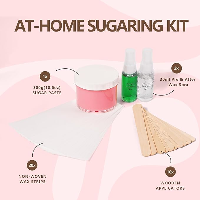 Sugar Wax Kit for Sensitive Skin: 300g/10.6oz Sugaring Paste for Bikini Brazilian Hair Removal - Includes Wax Strips & Sticks, Pre & Post Care Oils