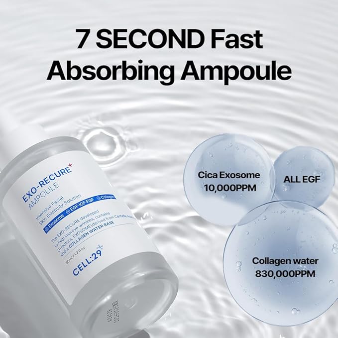 Exo-Recure Ampoule Exosome 10,000 PPM Collagen Water Fast Absorption Deep Hydration Rejuvenation Anti-Aging Glass Skin Pore Minimizer Skin Barrier KOREAN SKINCARE 50ml 1.71 Fl.Oz