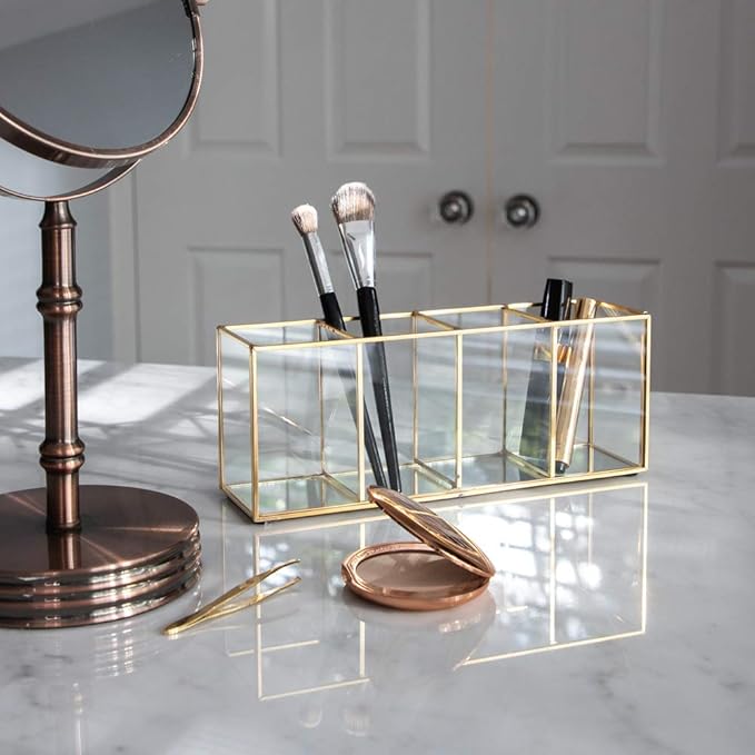 Isaac Jacobs 4-Compartment Organizer- Makeup Brush Holder- Vintage Style Brass and Glass Storage Solution with Mirror Base- Office, Bathroom, Kitchen Supplies and More (Antique Gold)