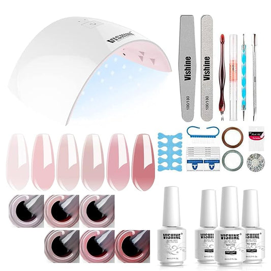Vishine Gel Nail Polish Kit UV Light, 36W UV LED Nail Dryer Lamp, 6 Sheer Milky Pink Jelly Transparent Colors Base Top Coat Professional All-in-One Nail Art Manicure Tools
