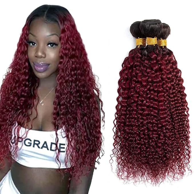 1B99j Bundles 99j Curly Human Hair Black to Wine Red Kinky Curly Bundles two tone Brazilian Remy Human Hair Weave Wet and Wavy for Woman 8 10 12 Inch