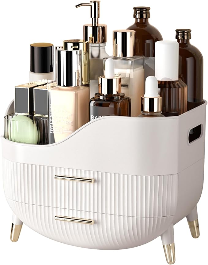 Makeup Organizer for Vanity, Large Capacity Skincare Cosmetic Organizer Countertop with 2 Drawers, Cosmetic Display Cases Makeup Storage Box for Bedroom, Bathroom, Ideal Gifts for Women(White)