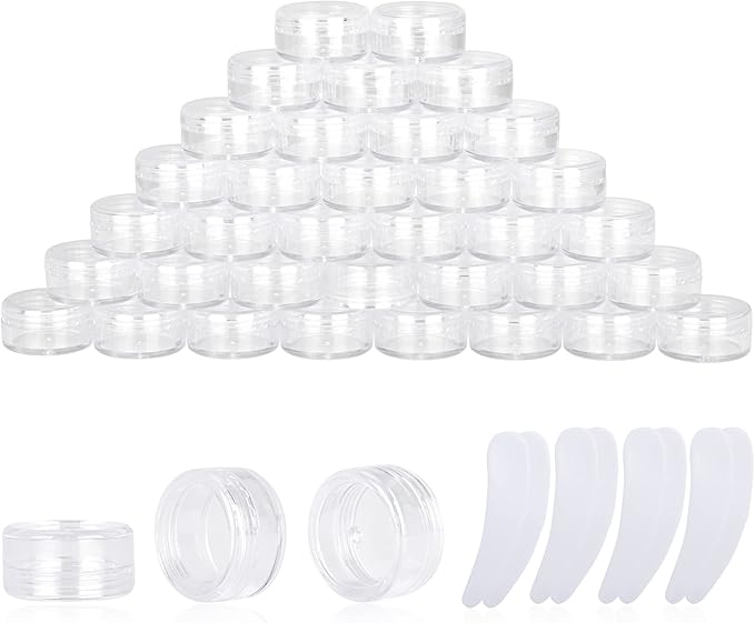 100PCS 3 Gram Sample Containers, 3ml Empty Jars with Lids, Small Cosmetic Containers, Mini Sample Jars with 8PCS Mini Spatulas for Make Up, Oils, Lotion, Powder, Paint, Jewelry, Lip Balms(Clear Lid)
