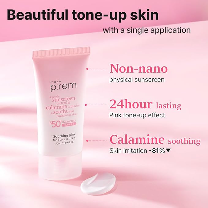MAKE P:REM Soothing Pink Tone Up Sunscreen, Mineral Sunscreen for Dehydrated Skin, Lightweight, Non-Greasy Formula, Skin Tone Correction, Korean Sunscreen, SPF 50, 1.69 Fl. Oz. 50ml