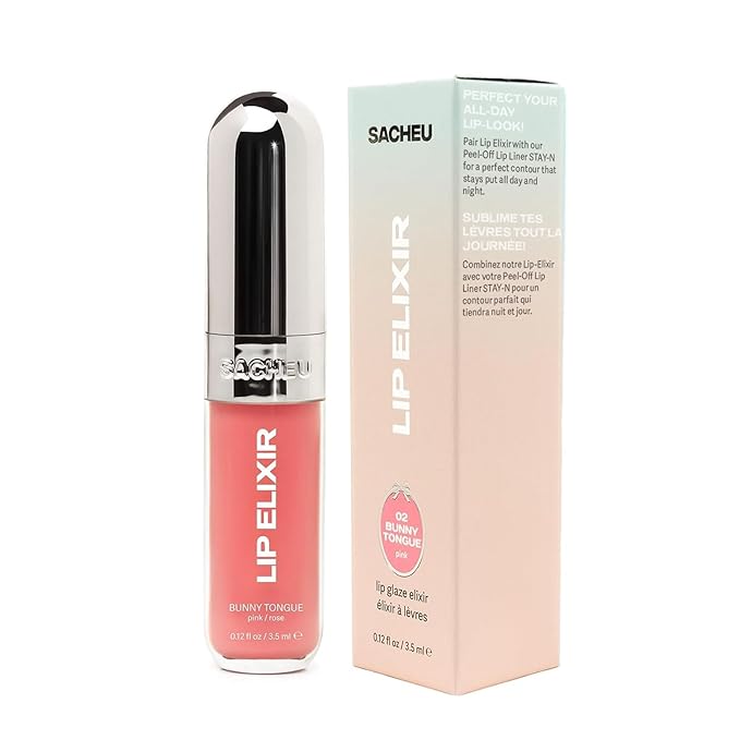 Sacheu Lip Elixir Nourishing and Hydrating Lipgloss — Moisturizing Plumping Lip Gloss Enriched with Collagen, Non-Sticky Lip Color Smooth High-Shine Finish, Vegan & Cruelty-Free, Clear & Sheer Pink