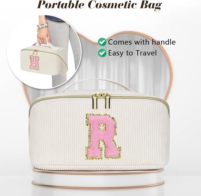 Gifts for Girls, Initial Travel Makeup Bag Women's Day Gift Make up Bag Cosmetic Bags Monther's Day Gifts, Personalized Stuff Bag Cute Makeup Bag Birthday Gifts for Women/Friend/Mother - R