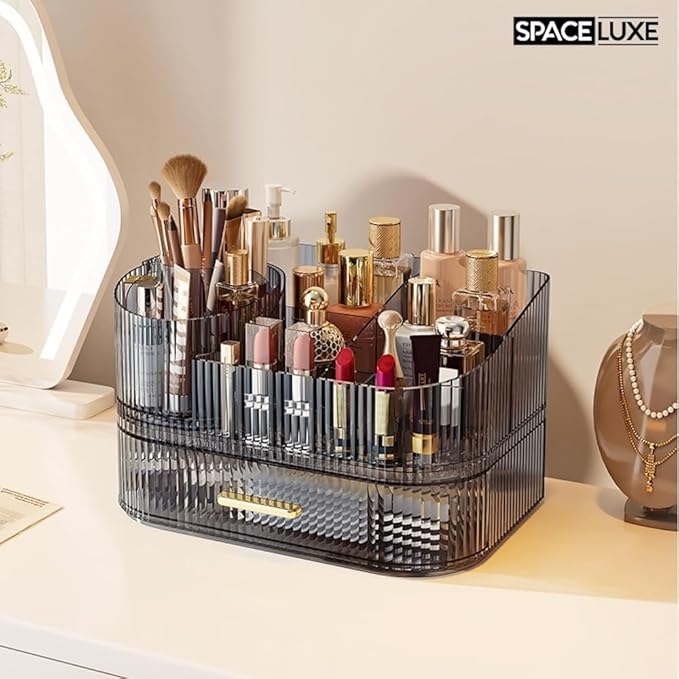 Makeup Organizer with Drawers and 360° Rotating Brush Holder, Large Capacity Cosmetic Storage for Vanity, Skincare, Perfume, Hair Accessories, Lipstick & Jewelry (Transparent Gray, 2-layer)