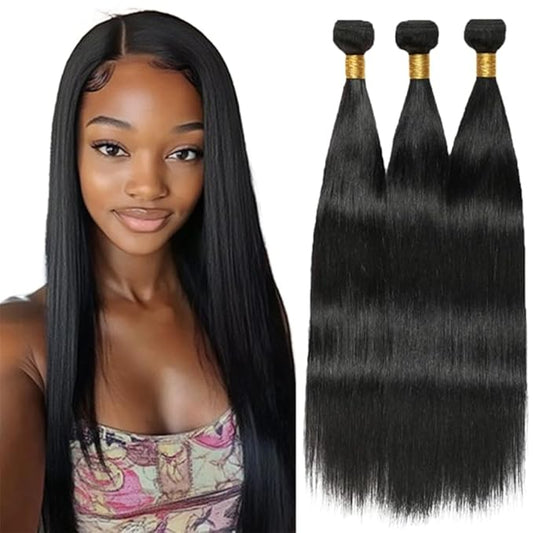 #1B Straight Bundles Natural Black Human Hair 10 12 14 Inch Brazilian Remy Weave Straight Human Hair Bundles Soft and Silky for Women