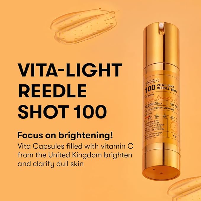 VT Cosmetics Vita-Light Reedle Shot 100, Serum with Vitamin C Capsules, Vitamin E, Hydrating Care, Korean Skincare for Sensitive Skin 1.69Fl Oz(50ml)