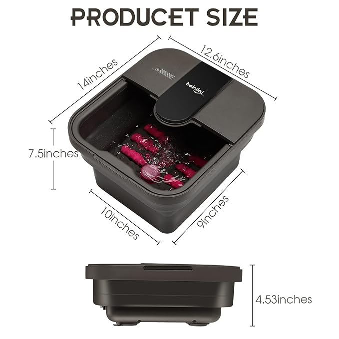 Beinilai Collapsible Pedicure Foot Spa with Heat and Massage and Bubble Jets,Foot Soak Tub with 6 Foot Rollers,Acupressure Massage Points,Red Light and Removable Pumice Stone(Dark Grey)