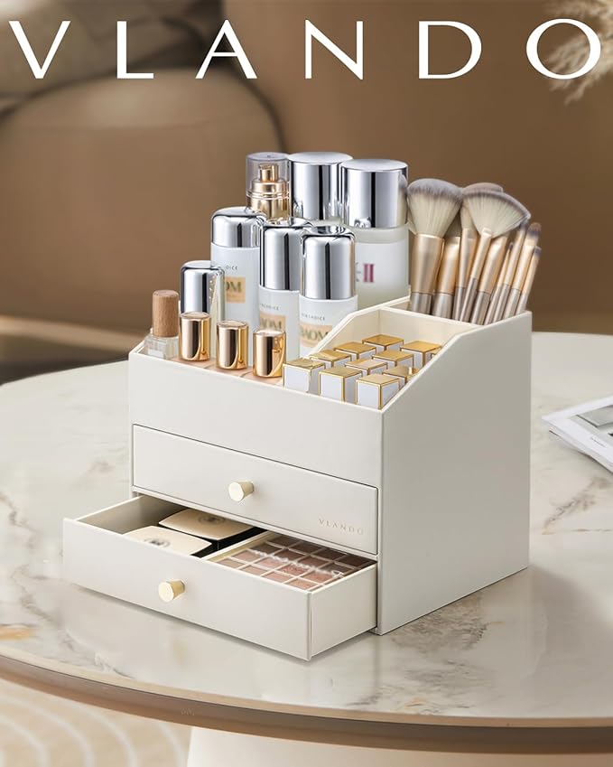 Vlando Makeup Organizer for Vanity,Large Capacity Countertop Organizer with Drawers, PU Leather Cosmetic Display Case for Lipstick,Brushes,Skincare,Bathroom and Bedroom Storage (Beige)