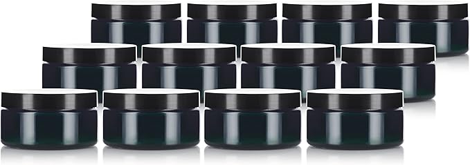 JUVITUS (12 Pack) 8 oz Green PET Plastic Low Profile Jar with Black Smooth Lid