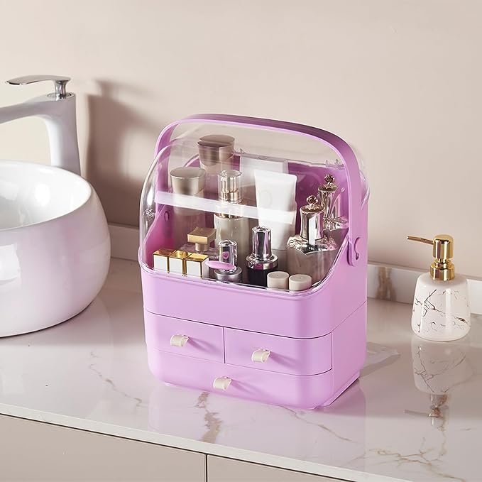 SUNFICON Preppy Skincare Organizers Makeup Organizer Holder Beauty Cosmetic Storage Box Large Display Case Dust Free Cover Portable Handle 2 Rroomy Drawers Gift Great For Bathroom Countertop Purple