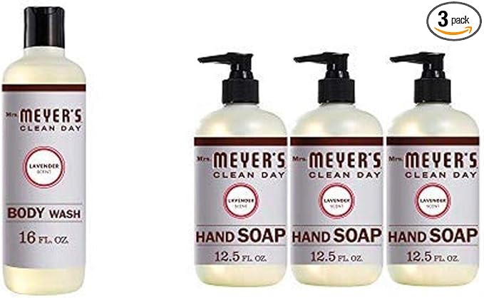 MRS. Meyer’S CLEANDAY Body Wash, Lavender Scent, 16 Ounce Bottle and Mrs. Meyer’s Clean Day Liquid Hand Soap Bottle, Lavender Scent, 12.5 Fl Oz, Pack of 3
