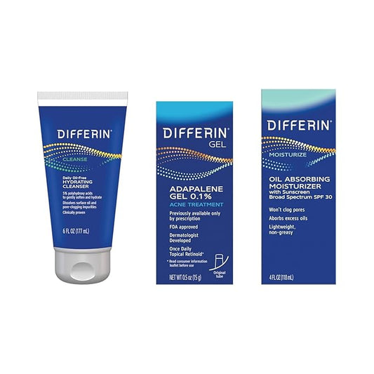 Differin Skincare Kit with Acne Treatments for Face, 3-Step Regimen with Daily Oil-Free Hydrating Face Wash, Differin Adapalene Gel Retinoid, & Face Moisturizer with SPF, Acne Kit For Acne-Prone Skin