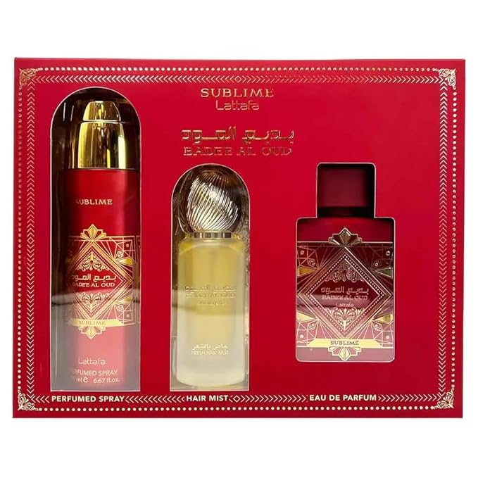Lattafa Badee Al Oud Sublime for Unisex 3 Piece Set (3.4 Oz Eau de Parfum Spray + 1.7 Oz Hair Mist + 6.7 Oz Deodorant Spray)