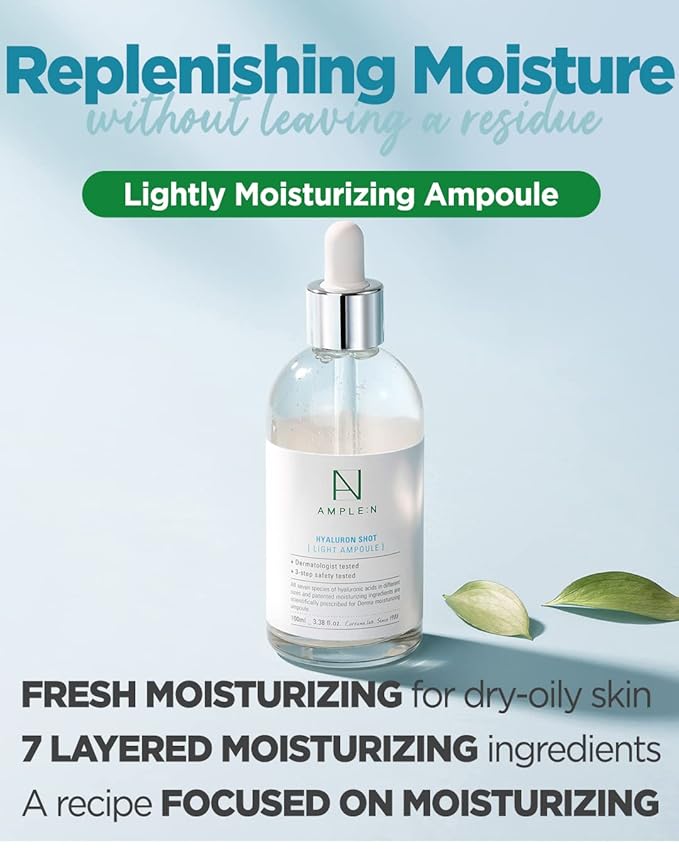 AMPLE:N Hyaluron Shot Light Serum - Korean Hyaluronic Acid Moisturizing Serum - Hydrate Oily and Combination Skin and Restore Vitality – Plumping, Refreshing, Anti Aging Ampoule, 3.38 fl.oz.