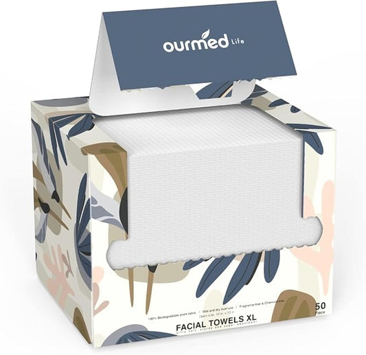 Ourmed Life Face Towels, Disposable Biodegradable Facial Towels for Sensitive Skin, Lint- free Face Wipes for Washing Face, Skincare and Makeup Remover, Dry Wipes, 10"×12" Extra Large, 50 Count