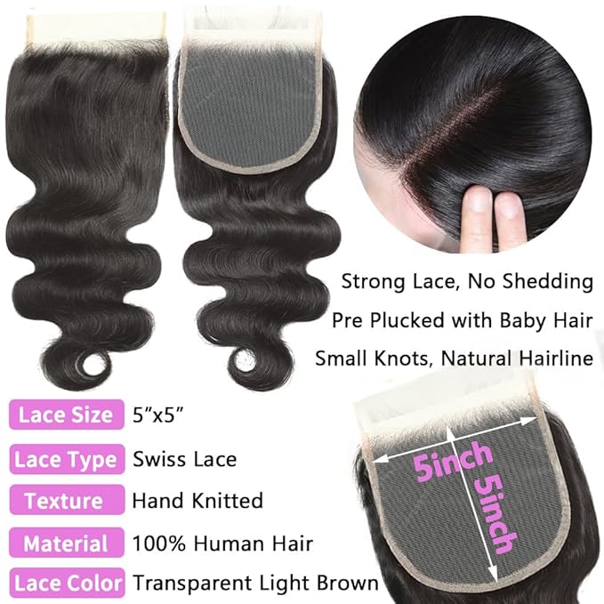 12A Body Wave Human Hair Bundles with Closure (20 22 24+18,Free Part) Closure with 3 Bundles Brazilian Virgin Hair Extensions with Pre Plucked with Baby Hair 5X5 HD Lace Closure Natural Black Color