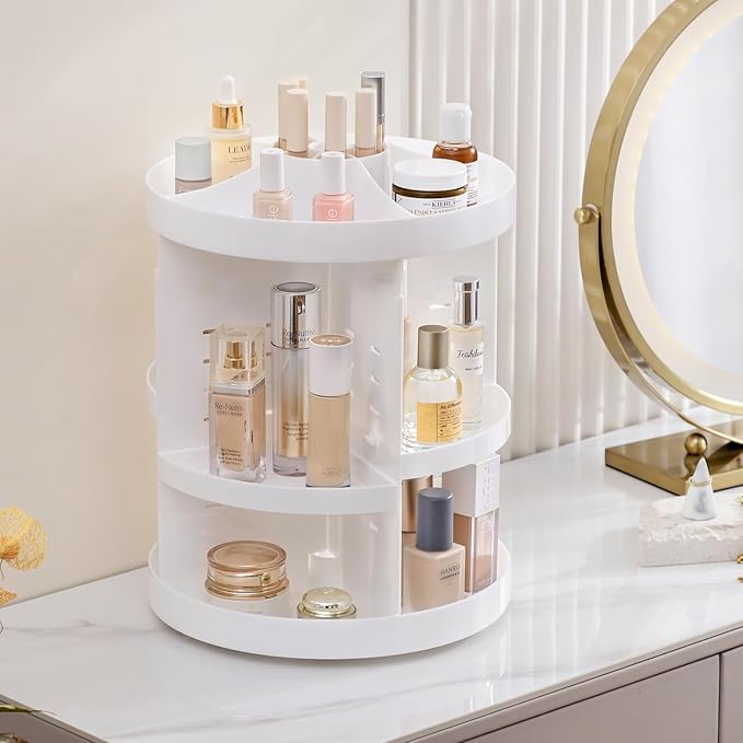 HBlife 360 Rotating Makeup Organizer Plus Size Adjustable Carousel Large Capacity Revolving Perfume Organizer Skincare Organizers Cosmetic Storage Spinning Holder for Vanity, White