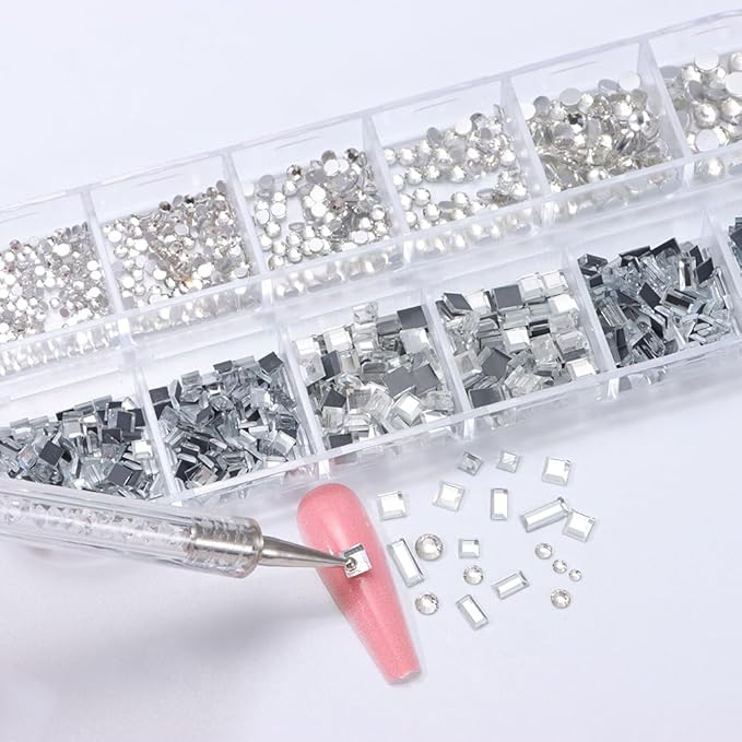 1000Pcs 12Gird Box Multi Size AB/Colorful Irregular Rhinestones Flatback Crystal Diamond Gems, with Pick Up Tweezers and Picker Dotting Pen for Nails, Makeup