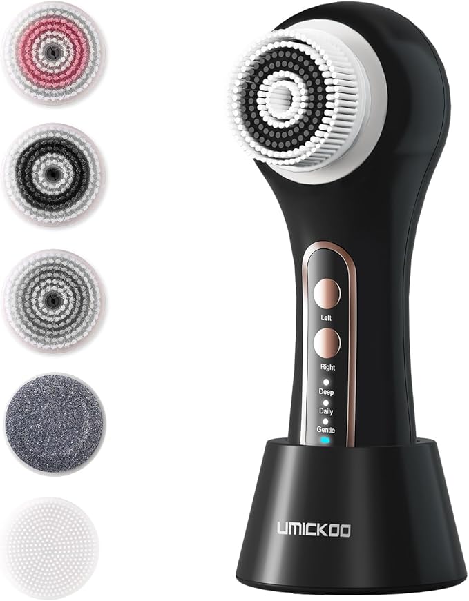 Face Scrubber Exfoliator, Rechargeable Facial Cleansing Brush with 5 Brush Heads, Deep Cleaning for All Skin Types, Black