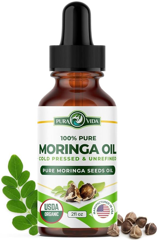 USDA Organic Moringa Seed Oil: 100% Pure, Cold Pressed, Unrefined Moringa Oleifera Seed Oil. 2 oz Bottle with Treatment Pump. For Skin and Hair - Food Grade for Oral Consumption