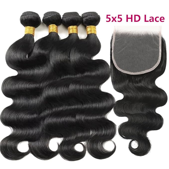 Body Wave Human Hair Bundles with Closure (24 26 28 30+22) 5x5 HD Closure with Bundles Human Hair 4 Weave 12A Brazilian 100% Unprocessed Virgin Weft Hair Free Part