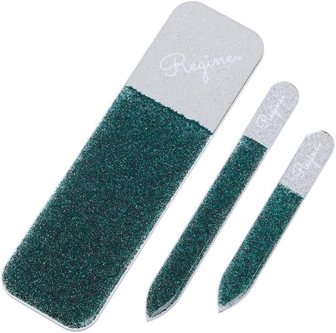 3pc Nano File Set: Professional Heavy Duty Glass Nail Files with Case Kit - Reusable Crystal Fingernail Manicure and Pedicure Tools for Men, Women, and Adults (Emerald Shimmer)