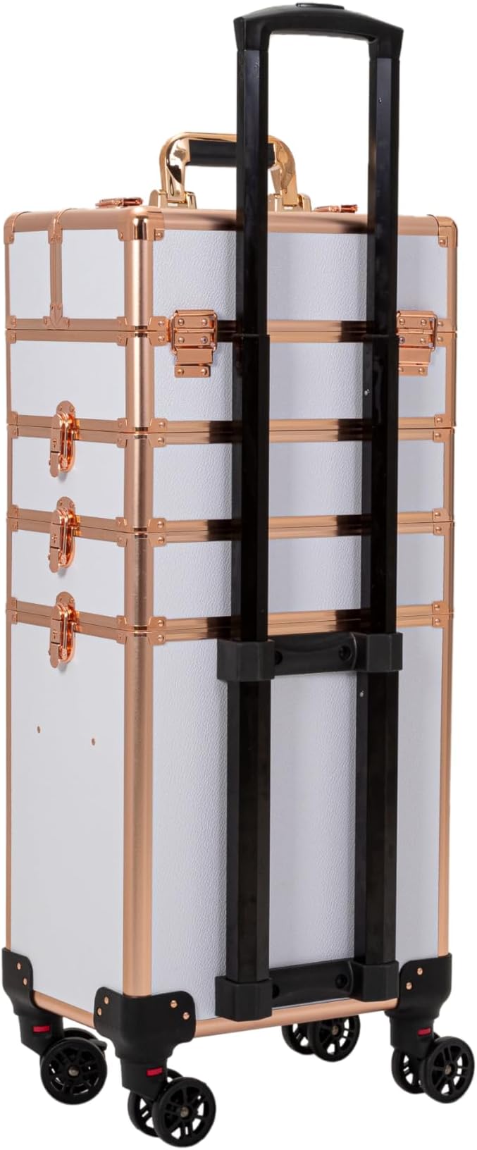 4 in 1 Portable Traveling Aluminum Professional Makeup Trolley Cart with Multiple-Sized Compartments and Wheels (Gold with White)