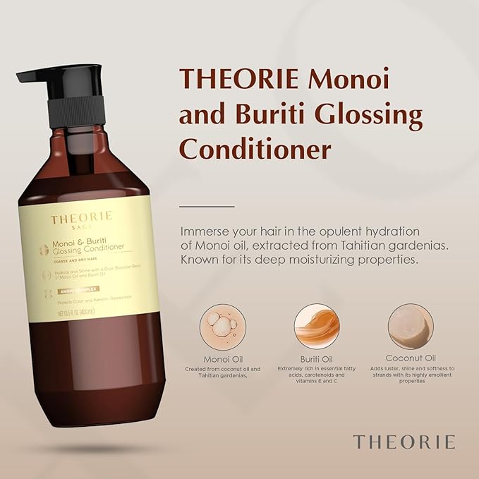 Theorie Monoi and Buriti Glossing Conditioner - Hydrate & Shine - Suited for Coarse and Dry Hair - Protects Color & Keratin Treated Hair, Pump Bottle 400mL