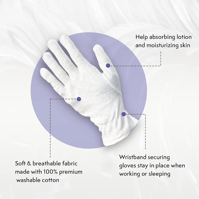 White Cotton Moisturizing Glove for Dry Hand Treatment, Nighttime Sleeping Gloves for Eczema, Dry Sensitive Irritated Skin, Hands SPA, Lightweight, Durable and Reusable, Mitten (M - 1 Pair)