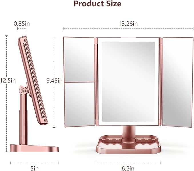 Makeup Mirror with Lights, 3 Color Lighting, Lighted Makeup Mirror, 10x 3X 2X Magnification, Vanity Mirror with 72LEDs, Touch Control, Dual Power Supply, Female Gift(Rose Gold)