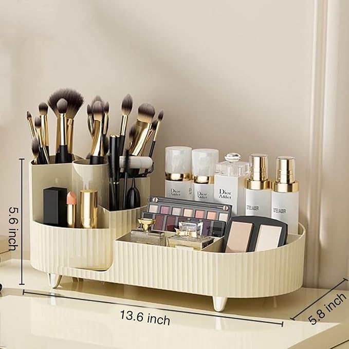 Rotating makeup organizer,Large Capacity Cosmetic Display Case, easy to hold all of your makeup products, at least 20 makeup brushes/eyeliner,10 lipsticks,8 skincare products(Ivory)