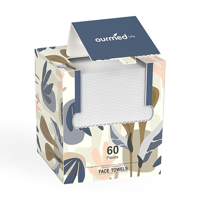 Ourmed Life Face Towels, Disposable Biodegradable Facial Towels for Sensitive Skin, Lint- free Face Wipes for Washing Face, Skincare and Makeup Remover, Dry Wipes, 10"×7.8" Extra Large, 60 Count