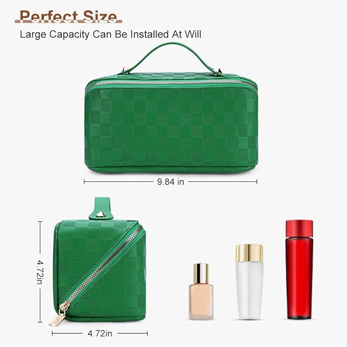 Cessfle Large Capacity Travel Cosmetic Bag Plaid Checkered Makeup Bag Portable Leather Waterproof Skincare Bag with Handle & Divider for Women, 01-Green