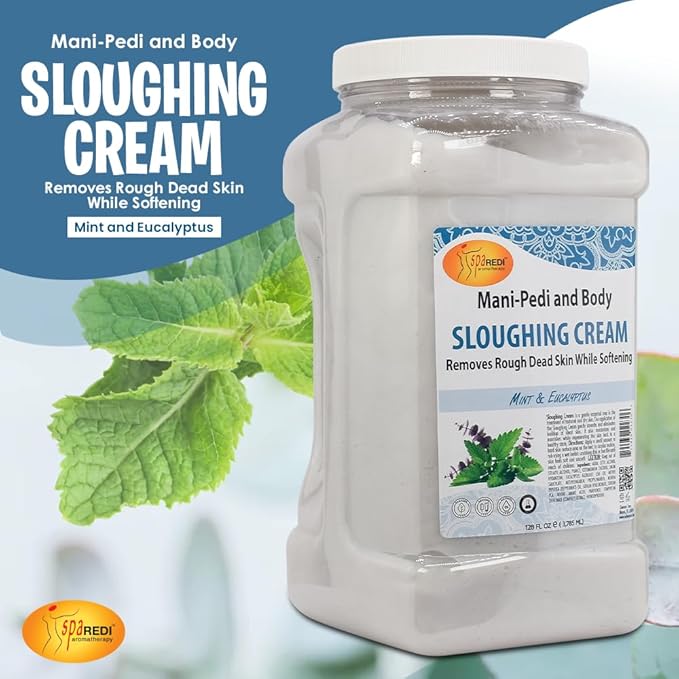 SPA REDI - Foot Cream, Sloughing Lotion, Mint and Eucalyptus 128 Oz - Pedicure Massage Foot Care for Dry Cracked Feet, Scrub Gently, Exfoliating, Smooths and Eliminates Buildup of Dead Skin