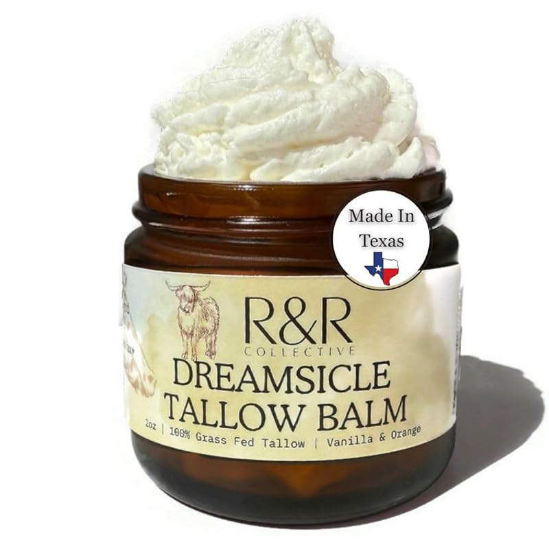 R&R Collective Whipped Tallow Balm (Dreamsicle) - 100% Grass Fed Beef Tallow for Skin Care- 100% Natural Handmade Whipped Orange & Vanilla Tallow Balm for Sensitive Skin- 2 FL. oz.