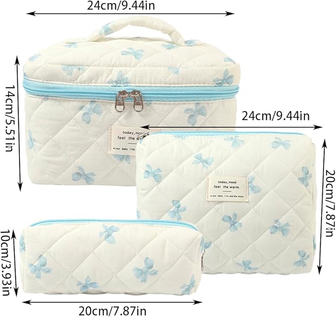 Makeup Bag, 3 PCS Quilted Makeup Bag, Cute Floral Cotton Cosmetic Bag set, Coquette Makeup Pouch Large Travel Toiletry Bag