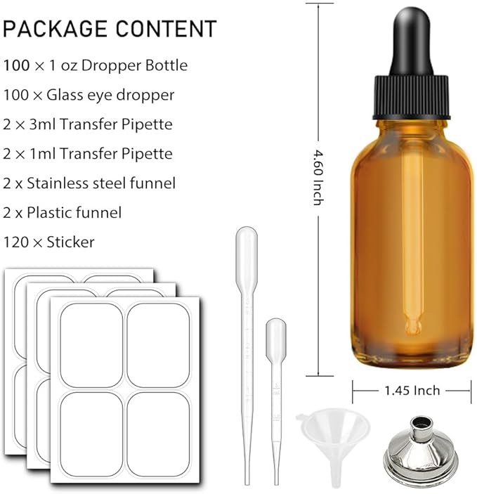 1oz Dropper Bottles for Essential Oils, 100 Pack 30ml Amber Glass Dropper Bottles with Eye Dropper, 10 Funnel and 10 Long Dropper, Empty Tincture Bottles for Travel, Home use