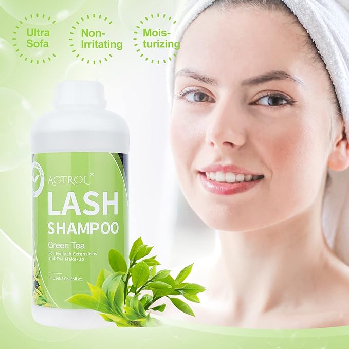 Eyelash Extension Cleanser Green Tea 1L Natural Lash Extension Shampoo Professional Eyelid Foaming Cleanser Paraben & Sulfate Free Non-lrritating with Salon and Home Care