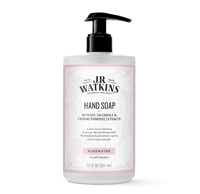 J R Watkins Moisturizing Gel Hand Soap, Rosewater, Plant Based Ingredients, 12 oz Pump