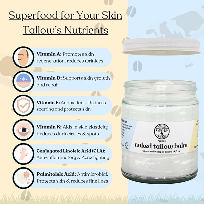 Beef Tallow for Skin - NAKED TALLOW BALM I 1 Ingredient - 100% Grass Fed Beef Tallow | Whole Body & Face | Whipped & UNSCENTED for Sensititve Dry Skin, Babies, Eczema, Psoriasis, Rosacea (9oz)