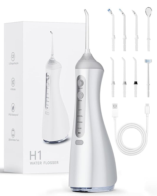 Water Flosser with U-Shape Tips & 4 Modes, 350ml Cordless Dental Irrigator, IPX8 Waterproof, 8 Replacement Tips for Teeth Braces Care (White)