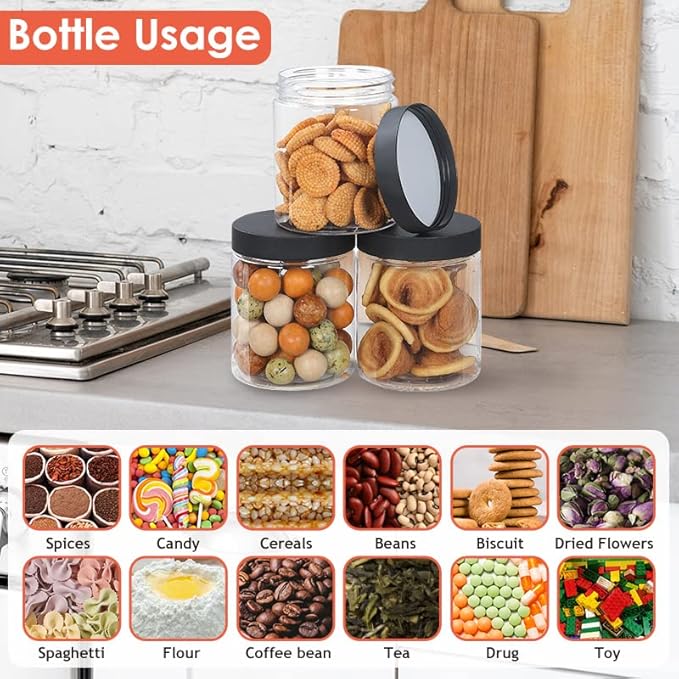 48pcs 8 oz Plastic Containers with Lids Pen Labels Leak Proof BPA Free Airtight Refillable Clear Small Containers Storage Jars for Storing Dry Food Makeup Slime Honey Jam