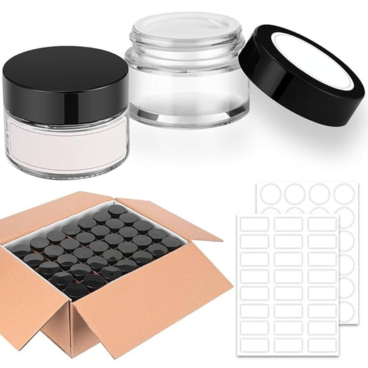 1 oz Round Clear Glass Jars, Bumobum 120 pack Cream Jars with Black Lids, Black and White Labels & Inner Liners, Empty Cosmetic Containers for Cream, Lotion