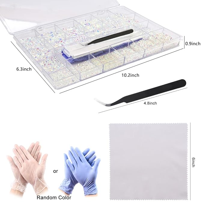 10000 Pcs Transparent AB Crystal Flatback Rhinestones Set for Nail, Art, Crafts, Makeup, Tumblers Glitter Round with Tweezers and Picking Pen