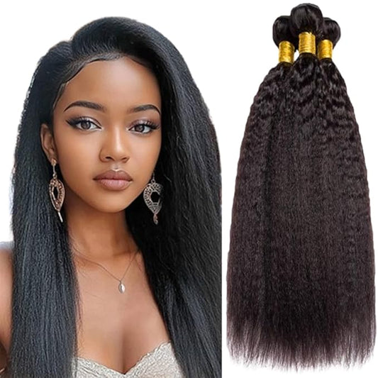 #1B Yaki Human Hair Bundles Natural Color Kinky Straight Bundles Brazilian Human Hair Extensions Soft and Silky for Women Kinky Straight 20 22 24 Inch