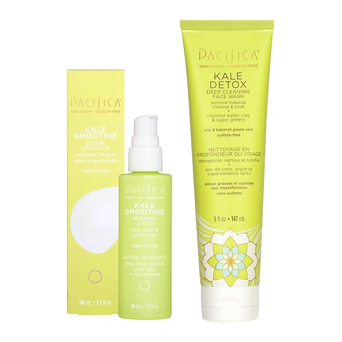 Pacifica Kale Detox Deep Cleansing Face Wash + Kale Smoothie Refining Lotion Set of 2– Pore-Minimizing Skincare Duo for Oily & Combination Skin, Niacinamide & Super Greens, 100% Vegan & Cruelty-Free